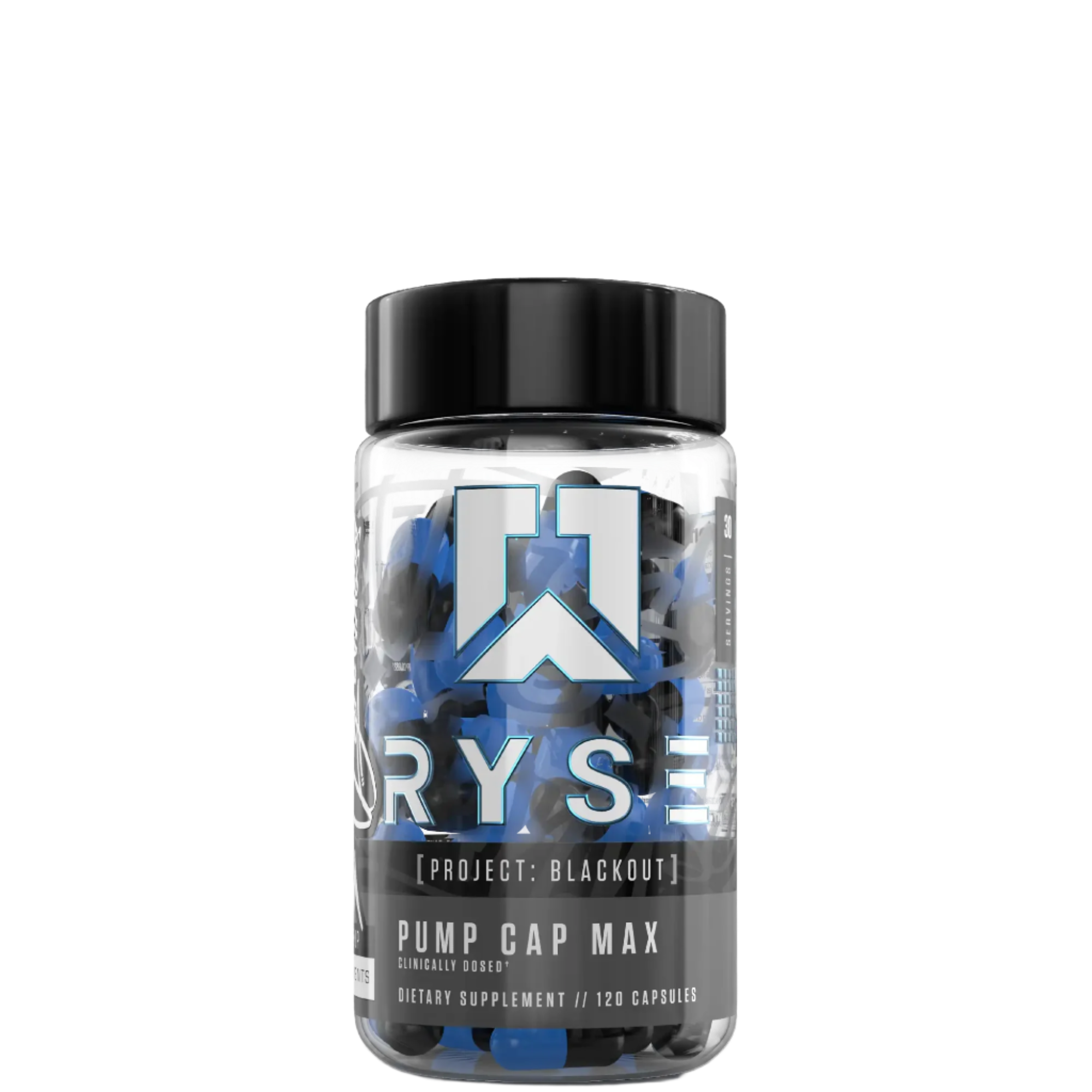 A container of RYSE PUMP CAP MAX supplement capsules with a black and transparent design, predominantly featuring the brand's logo and product name.