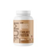 A container of CBUM Itholate Protein powder with a colorful label featuring graphics and text.