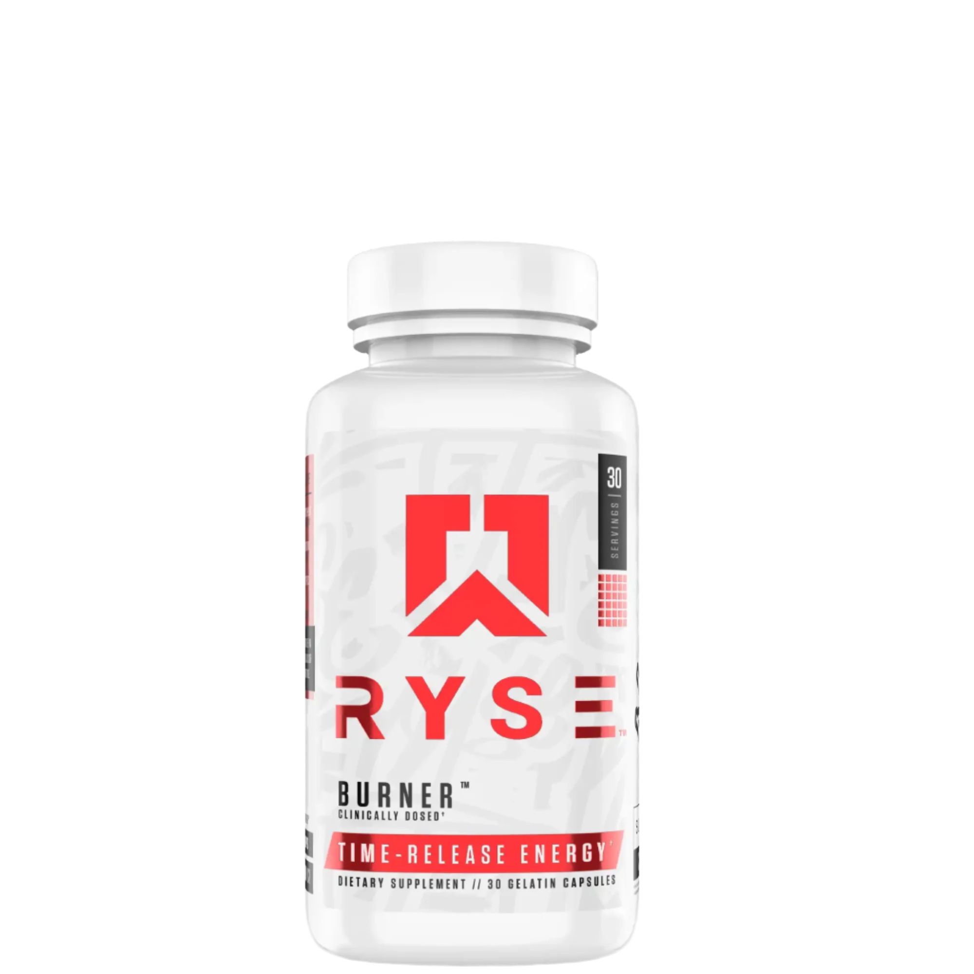 A white bottle with a red and grey label that reads 'RYSE BURNER', designed as a fat burning supplement.