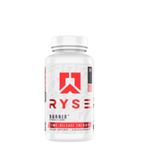 A white bottle with a red and grey label that reads 'RYSE BURNER', designed as a fat burning supplement.