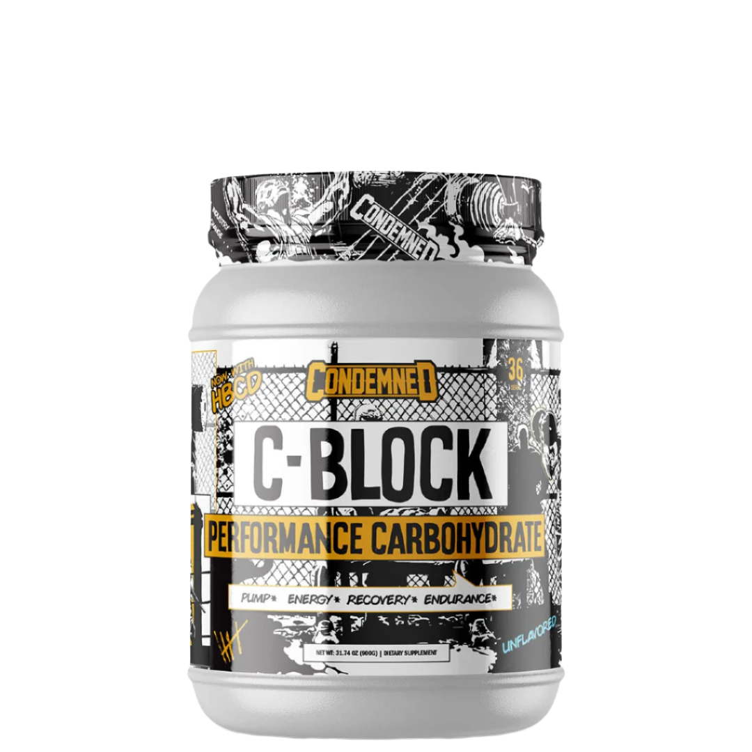 A container of C-Block Performance Carbohydrate supplement by Condemned Labz with a pre-workout label, predominantly gray and black in color with text and graphics related to the product.