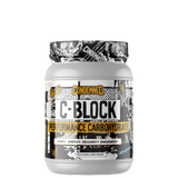 A container of C-Block Performance Carbohydrate supplement by Condemned Labz with a pre-workout label, predominantly gray and black in color with text and graphics related to the product.