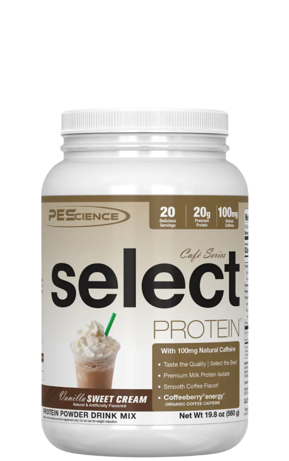 A container of Select Café Series Protein, vanilla flavored, with a serving size of 37.5g, providing 20g of protein and 100mg of caffeine.