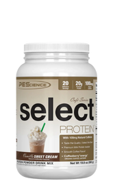 A container of Select Café Series Protein, vanilla flavored, with a serving size of 37.5g, providing 20g of protein and 100mg of caffeine.