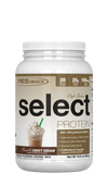 A container of Select Café Series Protein, vanilla flavored, with a serving size of 37.5g, providing 20g of protein and 100mg of caffeine.