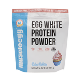 A package of MuscleEgg White Egg Protein Powder, with a net weight of 16 oz (453g), featuring 26g of protein per serving and 0g of fat per serving, with a cupcake illustration on the front.