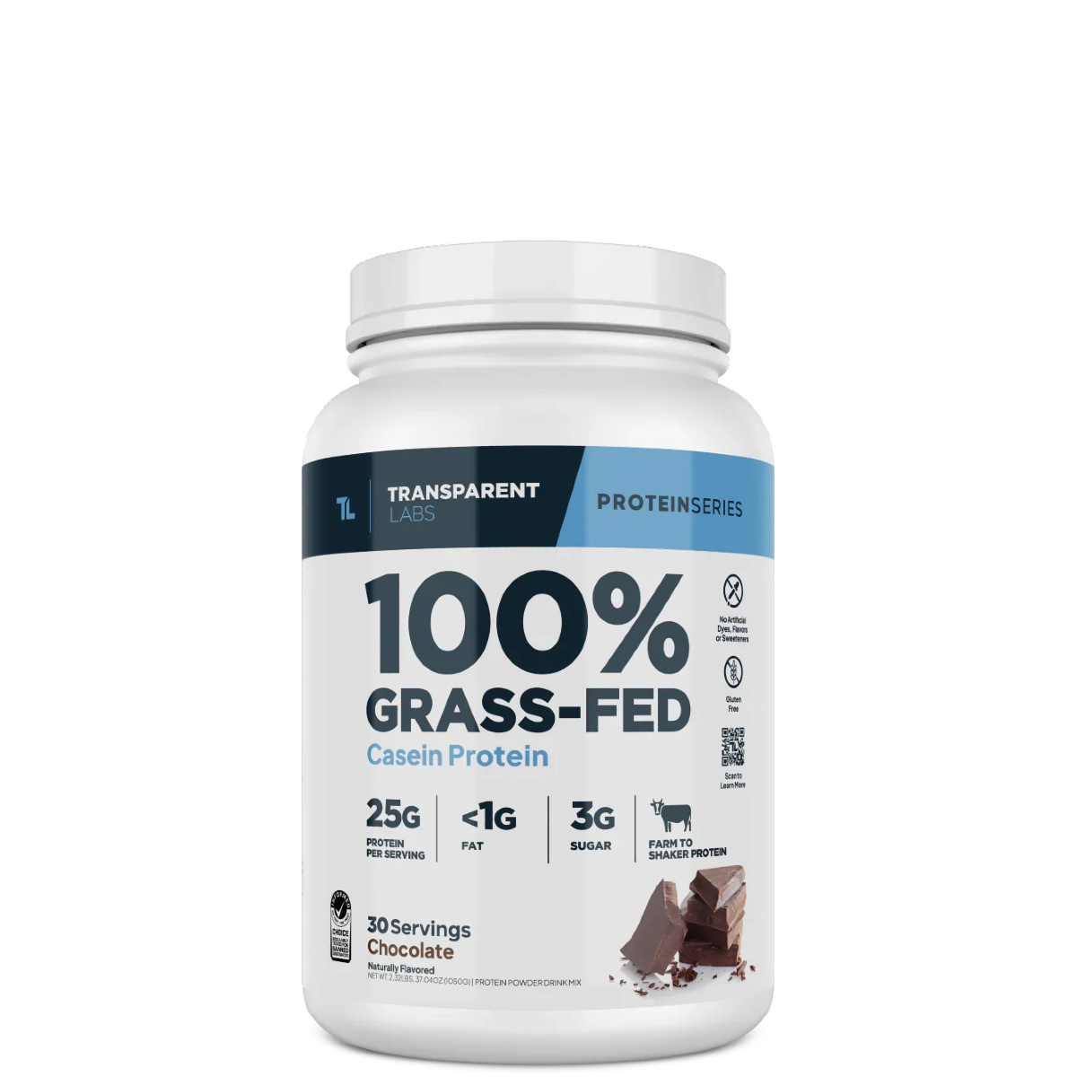 A container of Transparent Labs 100% Grass-Fed Casein Protein powder with chocolate flavor.