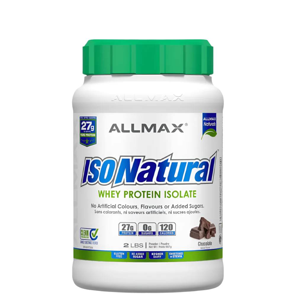 A container of Allmax IsoNatural Whey Protein Isolate Powder with a green lid, labeled as having 27g of protein, 0g fat, and zero added sugar.