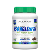 A container of Allmax IsoNatural Whey Protein Isolate Powder with a green lid, labeled as having 27g of protein, 0g fat, and zero added sugar.