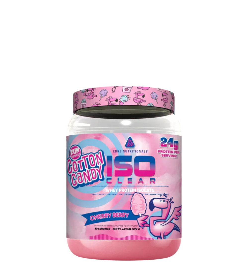 A container of ISO Clear - Whey Protein Isolate with a pink label featuring cotton candy illustrations.