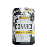 A container of Convict High Stim Pre-Workout by Condemned Labz with a black and white design and the product name prominently displayed.
