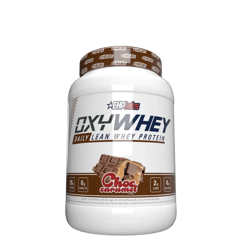 A container of OxyWhey Lean Whey Protein powder with a chocolate caramel flavor, marketed for muscle growth and recovery.