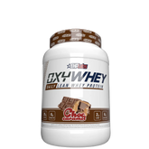 A container of OxyWhey Lean Whey Protein powder with a chocolate caramel flavor, marketed for muscle growth and recovery.
