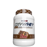 A container of OxyWhey Lean Whey Protein powder with a chocolate caramel flavor, marketed for muscle growth and recovery.