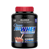 A container of AllMax Classic AllWhey 100% Whey Protein Powder, with a blue label and red cap.