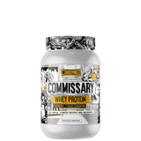 A container of Commissary Whey Protein by Condemned Labz with a graphic design featuring a mummy and gym elements.