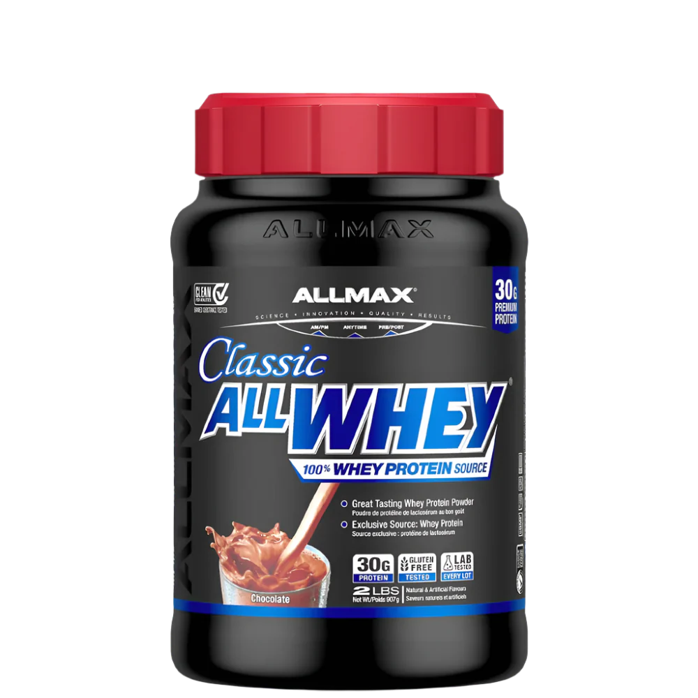 A container of AllMax Classic AllWhey 100% Whey Protein Powder, with a blue label and red cap.