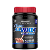 A container of AllMax Classic AllWhey 100% Whey Protein Powder, with a blue label and red cap.