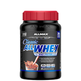 A container of AllMax Classic AllWhey 100% Whey Protein Powder, with a blue label and red cap.