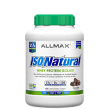 A container of Allmax IsoNatural Whey Protein Isolate Powder with a green lid, labeled as having 27g of protein, 0g fat, and zero added sugar.