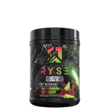 A container of Ryse Godzilla Pre-Workout supplement with a graphic of Godzilla and the flavor Watermelon visible on the label.