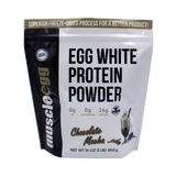 A sealed pouch of MuscleEgg White Protein Powder, with the product details visible on the package.