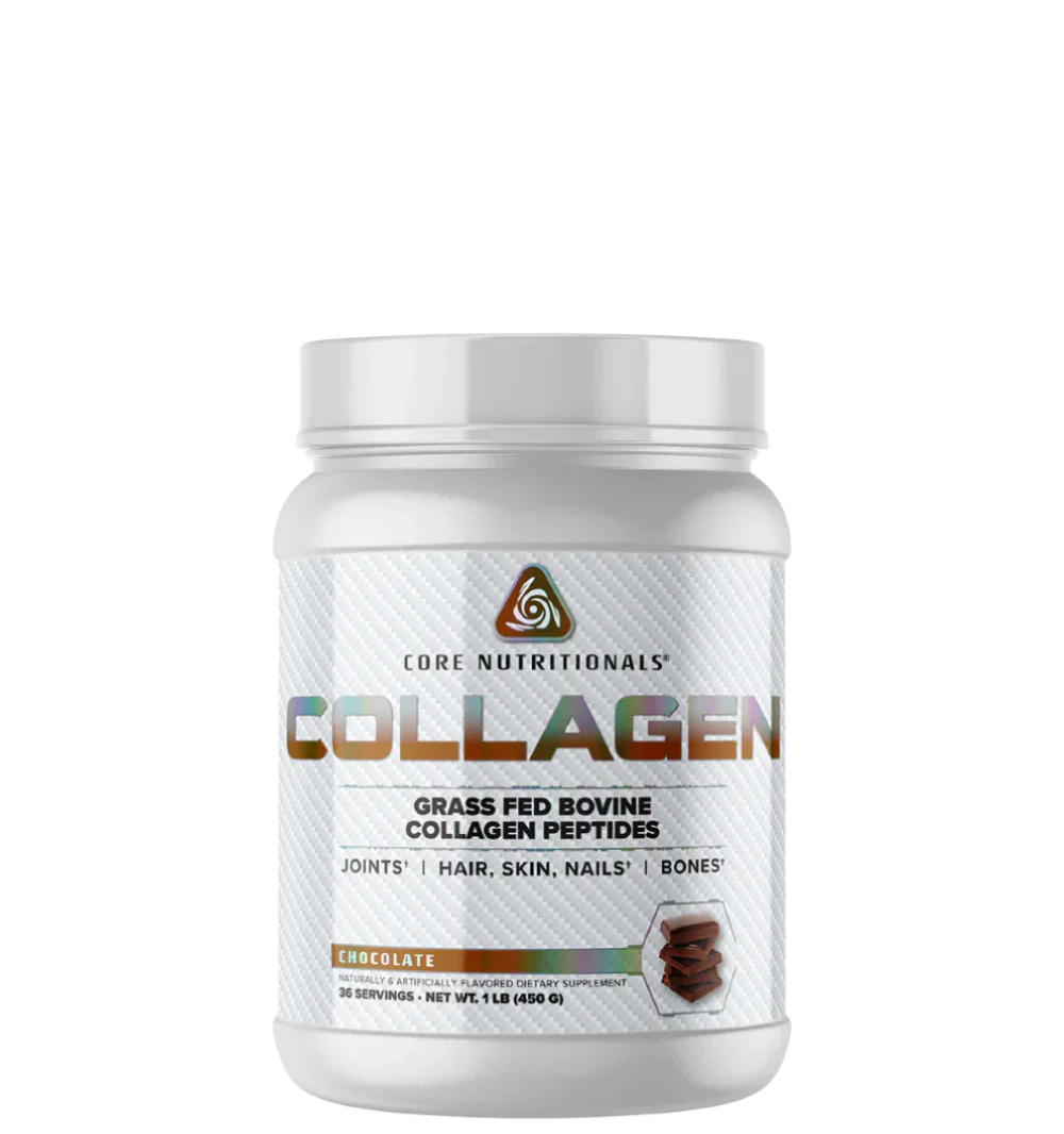 A container of Core Nutritionals Collagen supplements with text indicating it is grass-fed bovine collagen peptides, with a chocolate flavor.