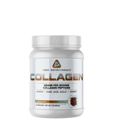A container of Core Nutritionals Collagen supplements with text indicating it is grass-fed bovine collagen peptides, with a chocolate flavor.