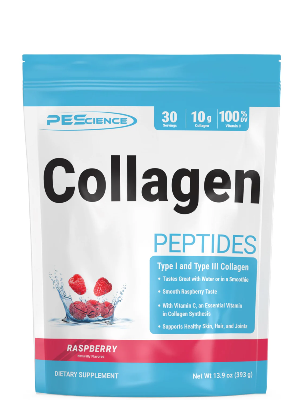 A package of PEScience Collagen Peptides in raspberry flavor, with visual emphasis on the product's benefits for skin, joint, and bone support.