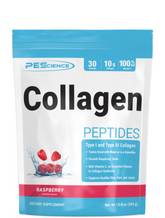 A package of PEScience Collagen Peptides in raspberry flavor, with visual emphasis on the product's benefits for skin, joint, and bone support.