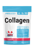 A package of PEScience Collagen Peptides in raspberry flavor, with visual emphasis on the product's benefits for skin, joint, and bone support.