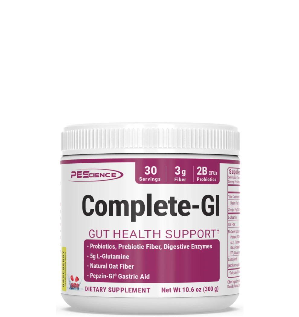 A container of Complete-GI Gut Health Support Powder by PEScience with label detailing the product's benefits for gut health, including probiotics, prebiotic fiber, and digestive enzymes.