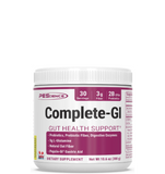 A container of Complete-GI Gut Health Support Powder by PEScience with label detailing the product's benefits for gut health, including probiotics, prebiotic fiber, and digestive enzymes.
