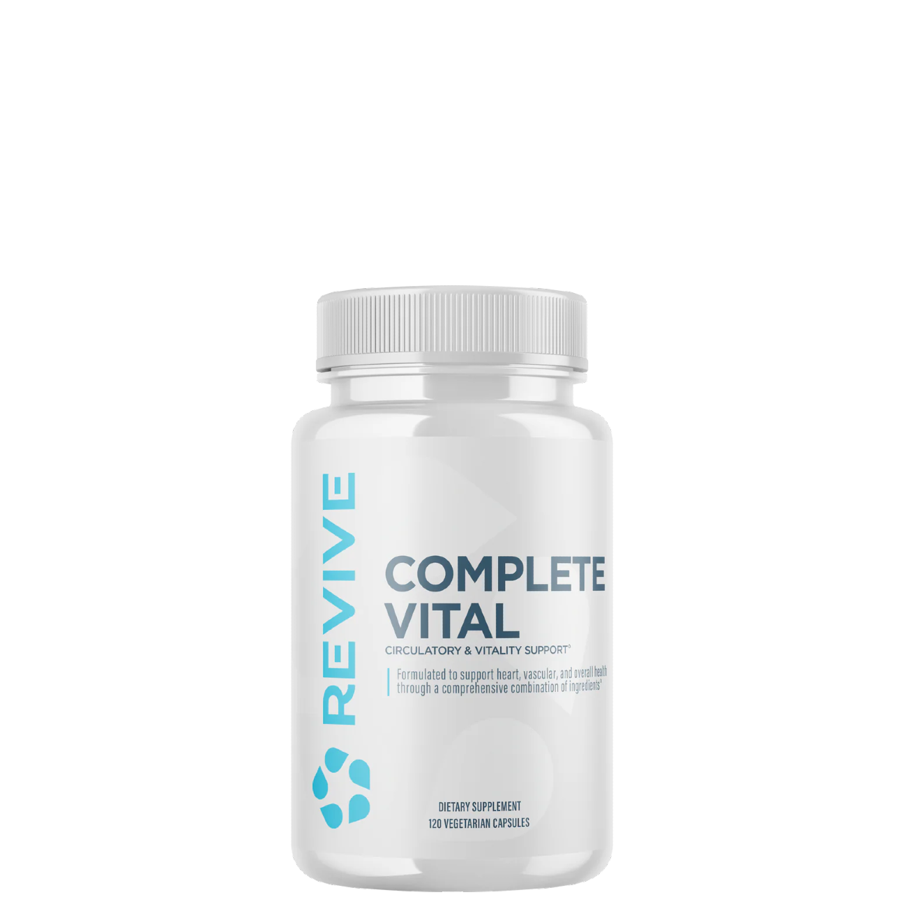A white bottle with a blue and green label that reads 'REVIVE COMPLETE VITAL'. It is a dietary supplement container.