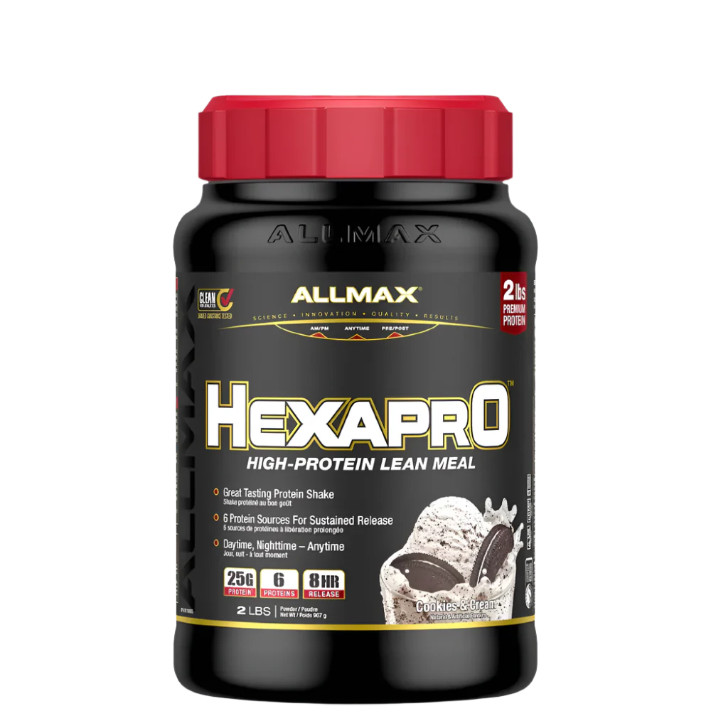 A container of ALLMAX Hexapro high-protein lean meal powder with a red lid and a label showing the product name and branding.