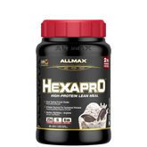 A container of ALLMAX Hexapro high-protein lean meal powder with a red lid and a label showing the product name and branding.