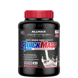 A container of QuickMass mass gainer protein powder by AllMax Nutrition in chocolate flavor.