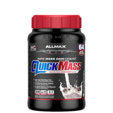 A container of QuickMass mass gainer protein powder by AllMax Nutrition in chocolate flavor.
