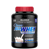 A container of AllMax Classic AllWhey 100% Whey Protein Powder, with a blue label and red cap.
