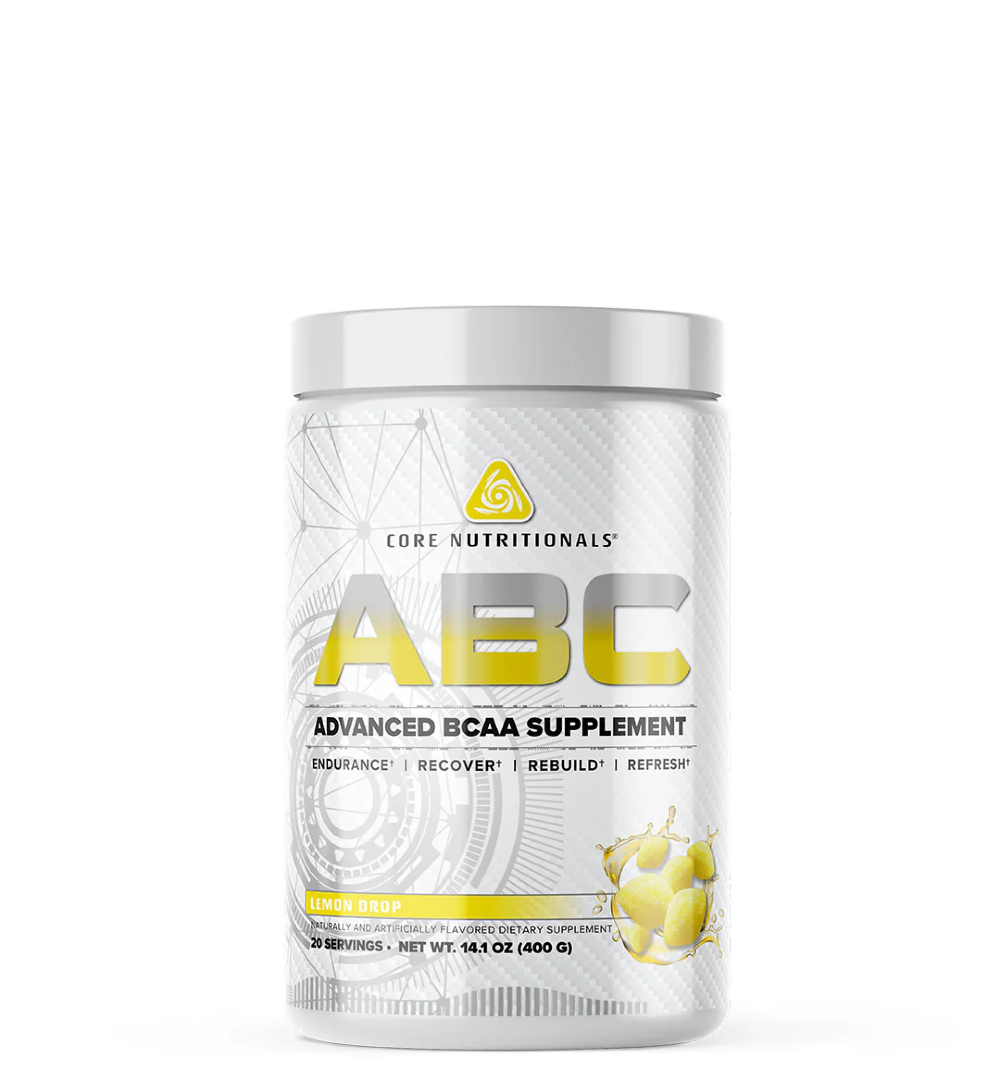 A container of Core Nutritionals' ABC Advanced BCAA Supplement, with a yellow and white label.