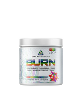 A container of BURN comprehensive thermogenic powder by CORE NUTRITIONALS with colorful label design.