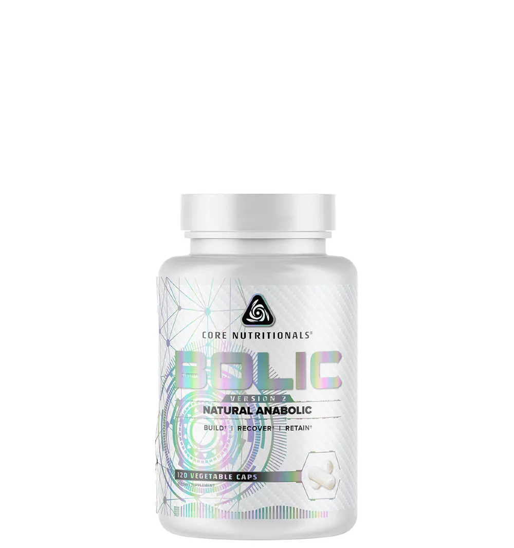A bottle of Core BOLIC V2 supplement, which is a natural anabolic product designed for enhancing physical performance and recovery.