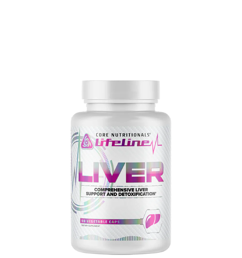 A bottle of Core Nutritionals' Lifeline Liver supplement with a white and purple label.