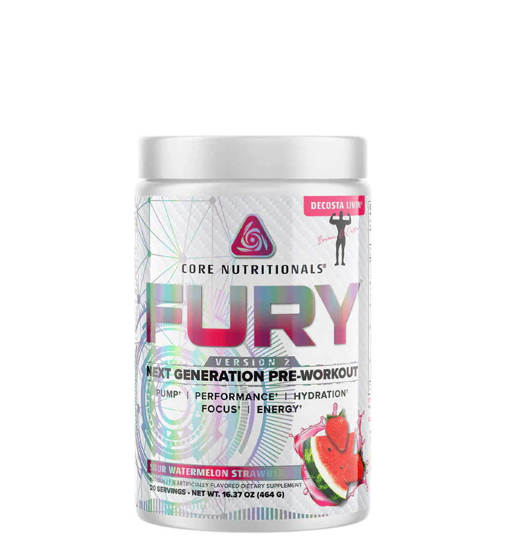 A container of Core Nutritionals FURY v2 pre-workout supplement, with a watermelon flavor indication and a graphic design featuring a watermelon slice.