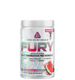 A container of Core Nutritionals FURY v2 pre-workout supplement, with a watermelon flavor indication and a graphic design featuring a watermelon slice.