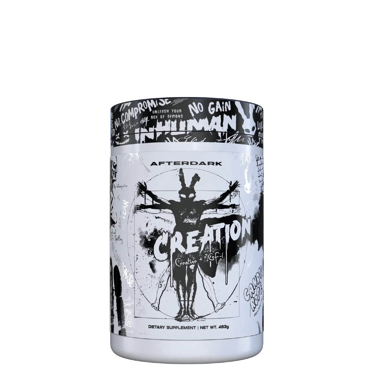 A container of AfterDark Creation Creatine powder with a black and white design featuring a silhouette of a person with a cross and abstract shapes.