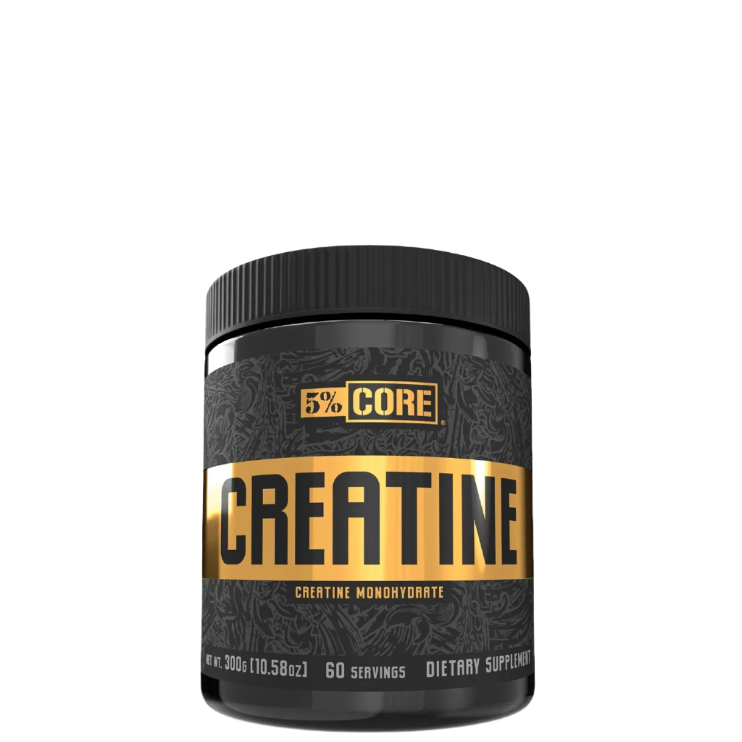 A container of Creatine Monohydrate supplement with branding and information printed on the label.