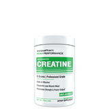 A container of RAW PERFORMANCE Creatine by Innovapharm, which is a white container with a green and white label indicating it is a supplement containing 5 grams of professional grade creatine monohydrate.