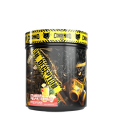 A container of Deception pre-workout supplement by Condemned Labz, featuring a black and yellow design with text and graphics related to the brand and product.