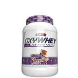 A container of OxyWhey Lean Whey Protein powder with a chocolate caramel flavor, marketed for muscle growth and recovery.